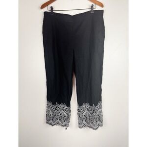 Chico's 100% Linen Pants Size 2 US 12 Black Embroidered Hem Crop Pull On Elastic